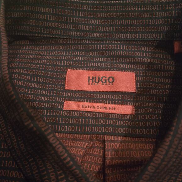 HUGO Hugo Boss Size S Binary Print Dark Red Button Ups Shirt Rare Extra Slim Fit - Picture 4 of 9